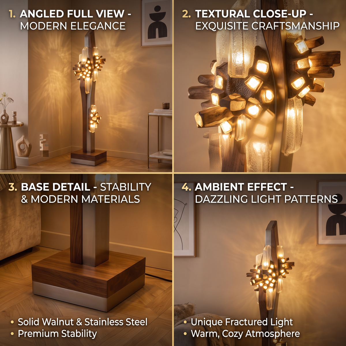 Close-up of textured translucent pieces and small glowing forms on the floor lamp