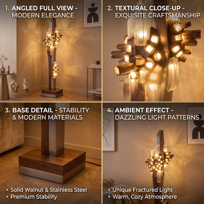 Close-up of textured translucent pieces and small glowing forms on the floor lamp