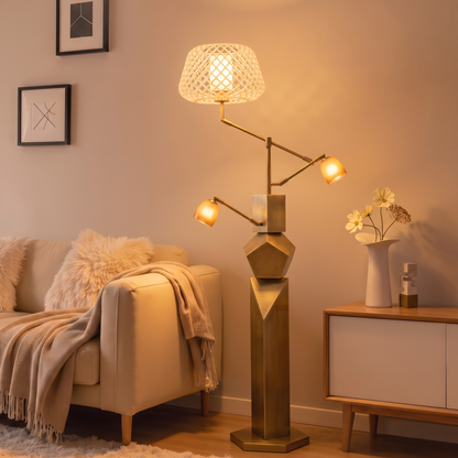 Close-up of the illuminated open lattice shade and one of the lamp's smaller side lights