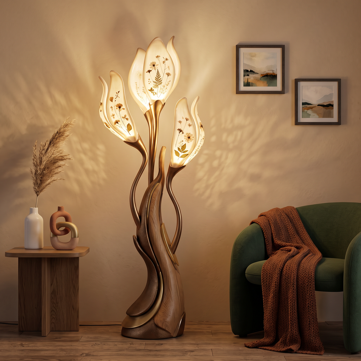 Illuminated petal floor lamp casting warm botanical shadows on the wall