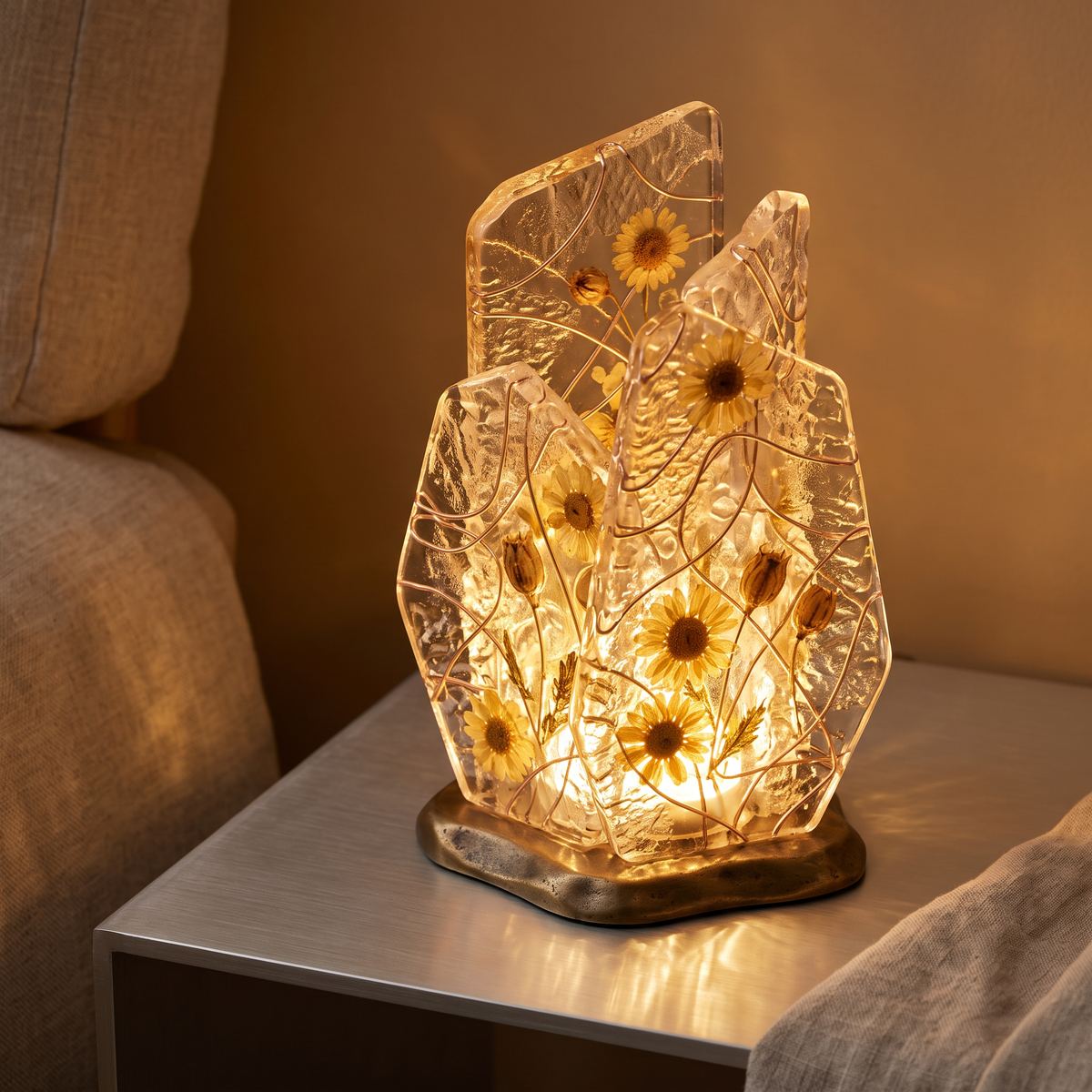 ALTIVIVI dried botanical sculptural lamp illuminated on a side table, showing its full layered form without text