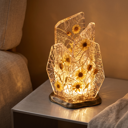 ALTIVIVI dried botanical sculptural lamp illuminated on a side table, showing its full layered form without text